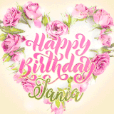 A stunning heart made of pink roses surrounds the elegant script text 'Happy Birthday Jania' on a soft beige background. Animated sparkles add a magical and festive feel.