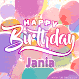 A vibrant name GIF featuring colorful balloons in shades of pink, orange, and yellow with the bold text 'Happy Birthday Jania' in festive fonts, creating a lively birthday vibe.