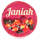 Beautifully decorated red velvet berry birthday cake with vibrant fruits and a glowing 'Janiah' name, adding a touch of sweetness and sparkle.