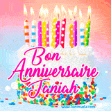 A white birthday cake covered in colorful sprinkles, topped with bright candles, and French text 'Bon Anniversaire Janiah' on a pastel gradient background in an animated GIF.