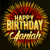 Golden 'Happy Birthday Janiah' text accompanied by animated rainbow fireworks for a festive animated greeting.