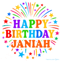 Happy Birthday Janiah' GIF with rainbow-colored letters, colorful stars, and fireworks on white background.