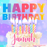 A vibrant animated name GIF with the words 'Happy Birthday Janiah' with colorful candles on a creamy cake. The background sparkles with pastel shades, adding a festive touch.