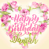 A stunning heart made of pink roses surrounds the elegant script text 'Happy Birthday Janiah' on a soft beige background. Animated sparkles add a magical and festive feel.
