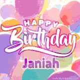 A vibrant name GIF featuring colorful balloons in shades of pink, orange, and yellow with the bold text 'Happy Birthday Janiah' in festive fonts, creating a lively birthday vibe.