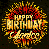 Golden 'Happy Birthday Janice' text accompanied by animated rainbow fireworks for a festive animated greeting.