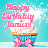 A festive cupcake with pink icing, a gingham bow, and a lit animated sparkler, paired with 'Happy Birthday Janice!' in bright pink text.