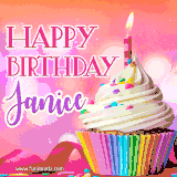 A vibrant birthday GIF featuring a rainbow-colored cupcake topped with white frosting, sprinkles, and a lit candle. The text reads 'Happy Birthday Janice' in bold pink and violet letters with white outline.