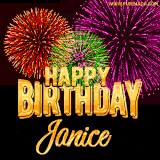 A golden 'Happy Birthday Janice' message with vibrant fireworks in the background, creating a festive and celebratory vibe in this animated name GIF.