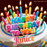 A colorful birthday cake topped with lit candles, with the words 'Happy Birthday Janice' in bold glowing letters on a burgundy background. Animated flames add a festive touch.