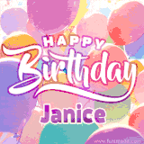 A vibrant name GIF featuring colorful balloons in shades of pink, orange, and yellow with the bold text 'Happy Birthday Janice' in festive fonts, creating a lively birthday vibe.
