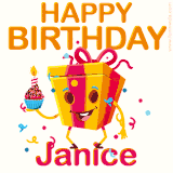 A vibrant and funny gift box character with a happy face dancing with a cupcake and the text 'Happy Birthday Janice,' surrounded by animated confetti and party vibes.