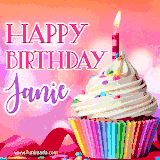 A vibrant birthday GIF featuring a rainbow-colored cupcake topped with white frosting, sprinkles, and a lit candle. The text reads 'Happy Birthday Janie' in bold pink and violet letters with white outline.