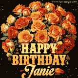 Animated bouquet of orange roses with moving butterfles and golden 'Happy Birthday Janie' text, surrounded by sparkling accents and a dark backdrop for a luxurious feel.