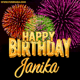 A golden 'Happy Birthday Janika' message with vibrant fireworks in the background, creating a festive and celebratory vibe in this animated name GIF.