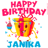 A vibrant and funny gift box character with a happy face dancing with a cupcake and the text 'Happy Birthday Janika,' surrounded by animated confetti and party vibes.