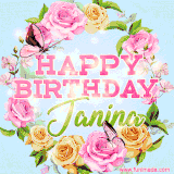 A charming animated GIF featuring 'Happy Birthday Janina' in pink and green text, surrounded by delicate roses, leaves, and fluttering butterflies on a soft light blue pastel background.