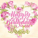A stunning heart made of pink roses surrounds the elegant script text 'Happy Birthday Janina' on a soft beige background. Animated sparkles add a magical and festive feel.