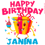 A vibrant and funny gift box character with a happy face dancing with a cupcake and the text 'Happy Birthday Janina,' surrounded by animated confetti and party vibes.