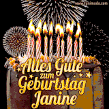 A chocolate birthday cake with glowing candles, the German text 'Alles Gute zum Geburtstag Janine,' and vibrant fireworks lighting up the background in an animated GIF.