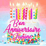 A white birthday cake covered in colorful sprinkles, topped with bright candles, and French text 'Bon Anniversaire Janine' on a pastel gradient background in an animated GIF.