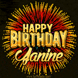 Golden 'Happy Birthday Janine' text accompanied by animated rainbow fireworks for a festive animated greeting.