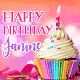 A vibrant birthday GIF featuring a rainbow-colored cupcake topped with white frosting, sprinkles, and a lit candle. The text reads 'Happy Birthday Janine' in bold pink and violet letters with white outline.