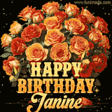 Animated bouquet of orange roses with moving butterfles and golden 'Happy Birthday Janine' text, surrounded by sparkling accents and a dark backdrop for a luxurious feel.