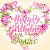 A stunning heart made of pink roses surrounds the elegant script text 'Happy Birthday Janine' on a soft beige background. Animated sparkles add a magical and festive feel.