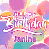 A vibrant name GIF featuring colorful balloons in shades of pink, orange, and yellow with the bold text 'Happy Birthday Janine' in festive fonts, creating a lively birthday vibe.