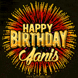 Golden 'Happy Birthday Janis' text accompanied by animated rainbow fireworks for a festive animated greeting.