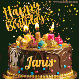 A delightful chocolate birthday cake with bright candles and 'Happy Birthday Janis' written in gold amidst a shower of animated stars.