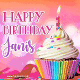 A vibrant birthday GIF featuring a rainbow-colored cupcake topped with white frosting, sprinkles, and a lit candle. The text reads 'Happy Birthday Janis' in bold pink and violet letters with white outline.