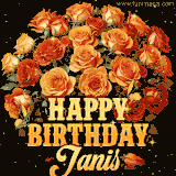 Animated bouquet of orange roses with moving butterfles and golden 'Happy Birthday Janis' text, surrounded by sparkling accents and a dark backdrop for a luxurious feel.