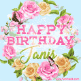 A charming animated GIF featuring 'Happy Birthday Janis' in pink and green text, surrounded by delicate roses, leaves, and fluttering butterflies on a soft light blue pastel background.