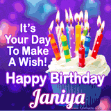 A colorful birthday GIF for Janiya featuring a cupcake with vibrant lit candles and the text 'It's Your Day to Make a Wish! Happy Birthday Janiya' in bold letters on a festive purple background.
