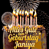 A chocolate birthday cake with glowing candles, the German text 'Alles Gute zum Geburtstag Janiya,' and vibrant fireworks lighting up the background in an animated GIF.