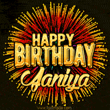 Golden 'Happy Birthday Janiya' text accompanied by animated rainbow fireworks for a festive animated greeting.