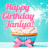 A festive cupcake with pink icing, a gingham bow, and a lit animated sparkler, paired with 'Happy Birthday Janiya!' in bright pink text.