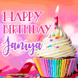 A vibrant birthday GIF featuring a rainbow-colored cupcake topped with white frosting, sprinkles, and a lit candle. The text reads 'Happy Birthday Janiya' in bold pink and violet letters with white outline.