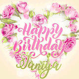 A stunning heart made of pink roses surrounds the elegant script text 'Happy Birthday Janiya' on a soft beige background. Animated sparkles add a magical and festive feel.