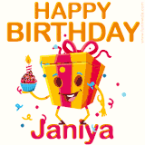 A vibrant and funny gift box character with a happy face dancing with a cupcake and the text 'Happy Birthday Janiya,' surrounded by animated confetti and party vibes.