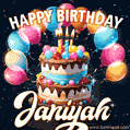 Hand-drawn happy birthday cake adorned with an arch of colorful balloons - name GIF for Janiyah