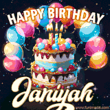 Bright birthday animation for Janiyah with a chocolate cake, candles, balloons, and glowing celebratory lights.
