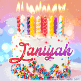 A cheerful white birthday cake with multicolor sprinkles, lit candles, and 'Janiyah' written in vibrant letters, in an animated GIF.