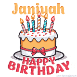 Cartoon birthday cake with a red bow, glowing candles, and 'Janiyah Happy Birthday' text in bold animated style.