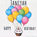 An adorable and cute cupcake with a smiley face and moving colorful balloons create a joyful birthday greeting for Janiyah in this cheerful animated greeting E-card.