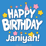 Colorful animated birthday card with the text 'HAPPY BIRTHDAY Janiyah!' in a white playful font surrounded by stars, hearts, and a party hat on a blue background.