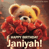 Cinematic style cute animated teddy bear with charming features holding a large bouquet of red roses, the words say 'Happy Birthday Janiyah' in sans serif font.