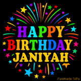 Personalized greeting card with name, colorful text that says 'Happy Birthday Janiyah' surrounded by animated fireworks and multicolor stars